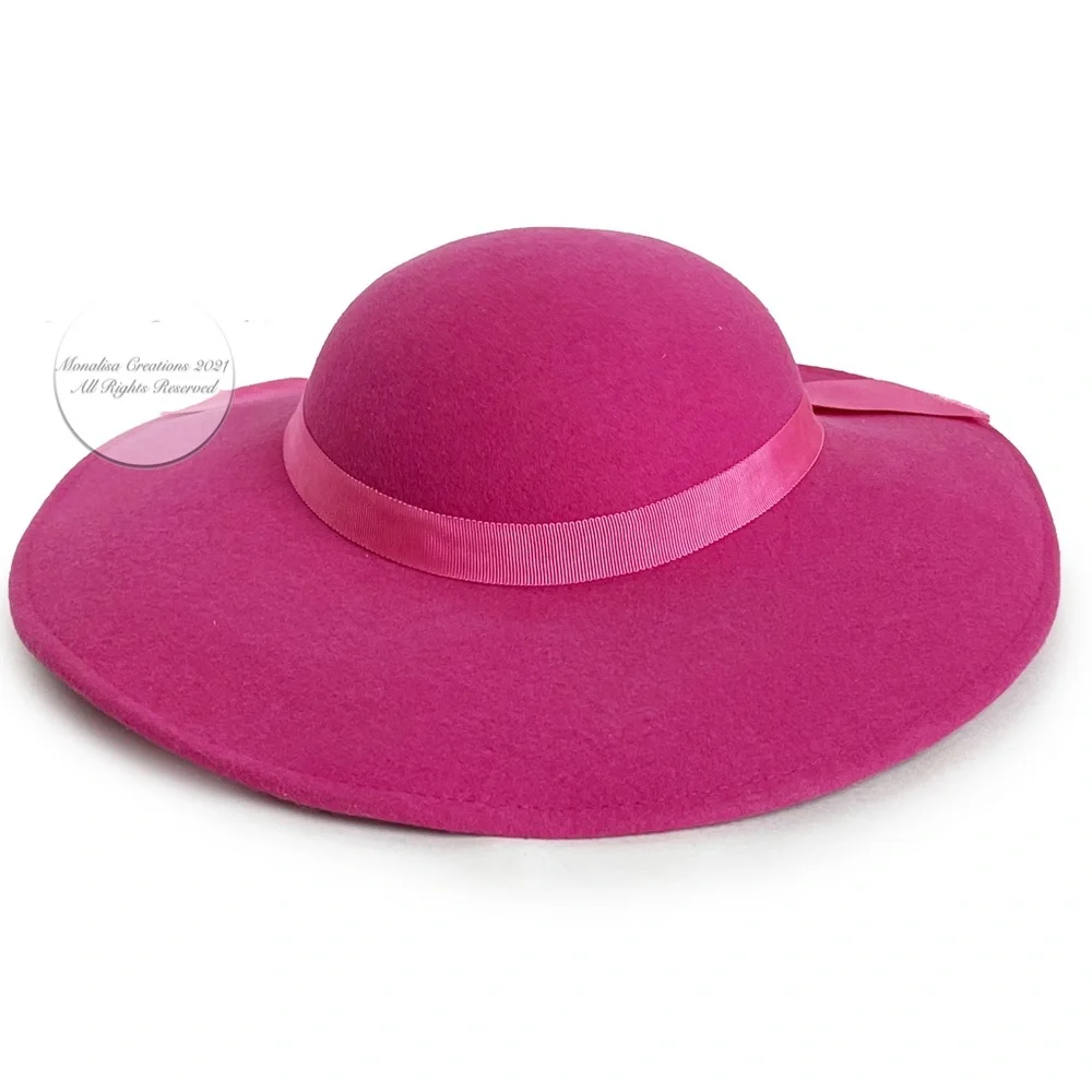 Bollman Wide Brim Hat Cartwheel Hat Doeskin Felt Wool Pink Fuchsia Vintage